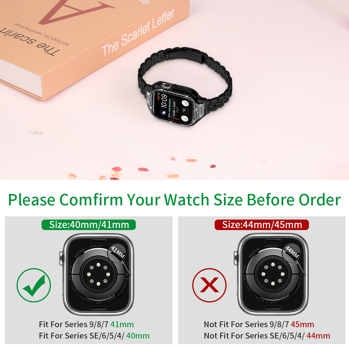 For Apple Watch Series 7 / 8 / 9 41mm Replacement 7 Beads Stainless Steel Strap with Watch Case - Black For Apple Watch Series 7 / 8 / 9 41mm Replacement 7 Beads Stainless Steel Strap with Watch Case - Black